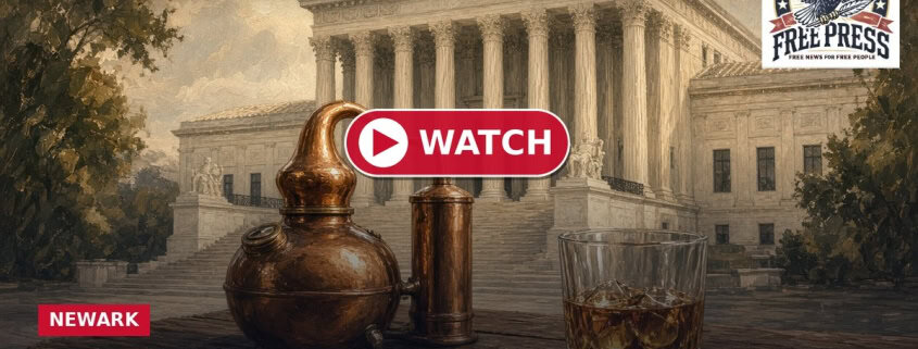 Fostoria News Supreme Court building with distilling equipment and whiskey glass.